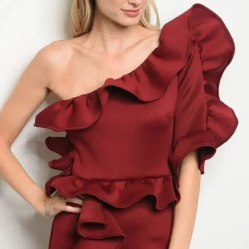BURGUNDY RUFFLED DETAILS DRESS - Picture 2 of 4